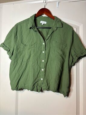 Per Se Olive Green Short-Sleeve Button-Front Shirt